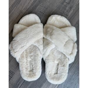 Aetrex Faux Fur Crossband Slippers Women’s Size 8 Cream Cozy Orthotic Slide